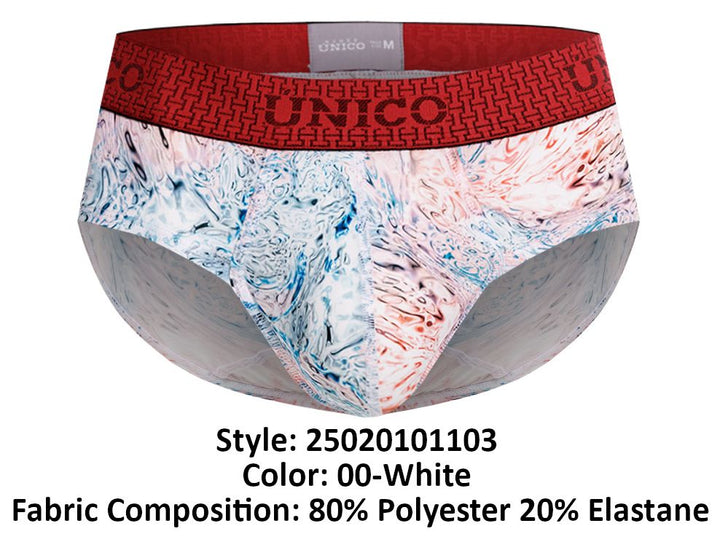 UNICO Rizo men's briefs in white – abstract print stretch underwear with red waistband