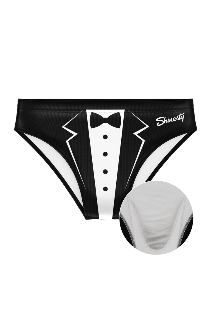 Shinesty The Butlers tuxedo Ball Hammock pouch swim briefs – men's tuxedo print swim brief