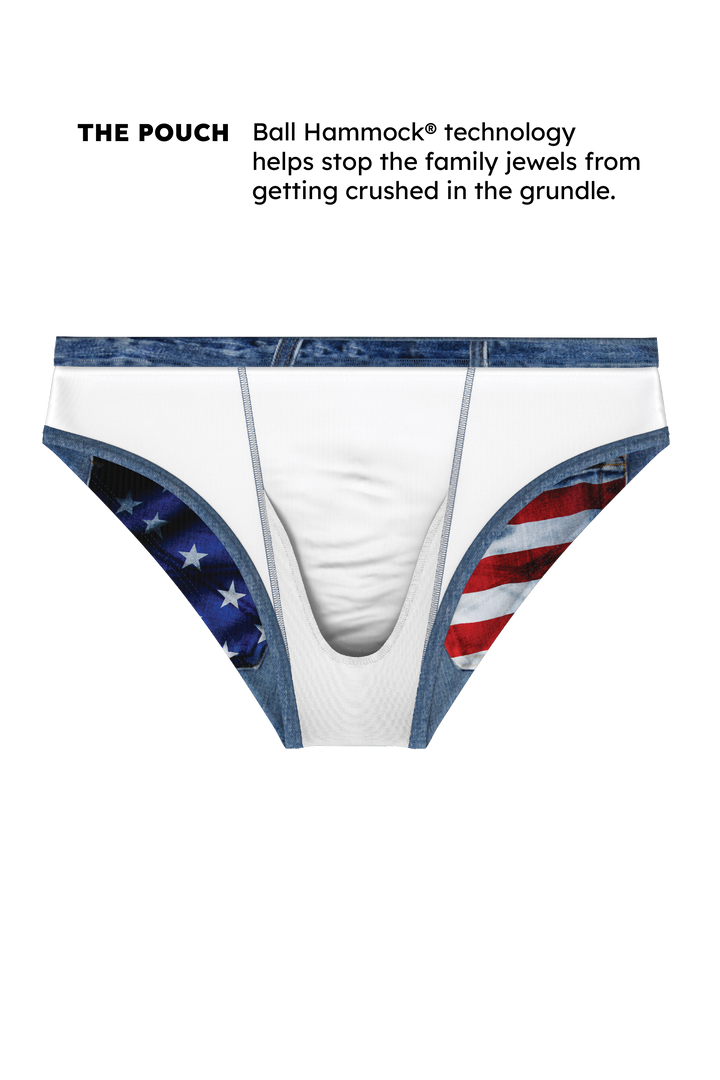 Shinesty The Chattahoochee Daddy USA denim print Ball Hammock swim briefs – men's denim print swim brief