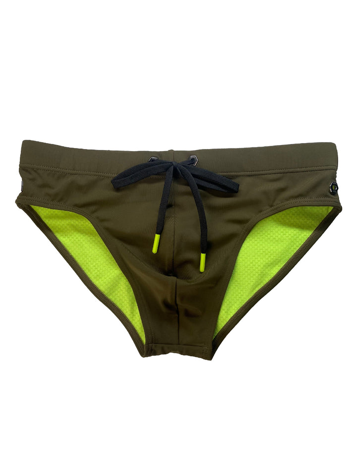 BADBUI Modern Classic Swim Brief in army green – men's sporty quick-dry fitted swim brief