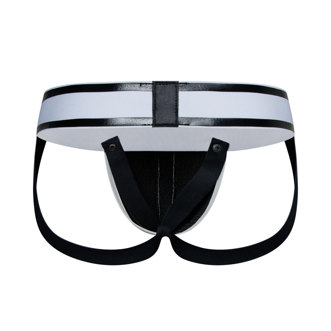 HisJock Armor Jock in white – men's faux leather snap codpiece jockstrap