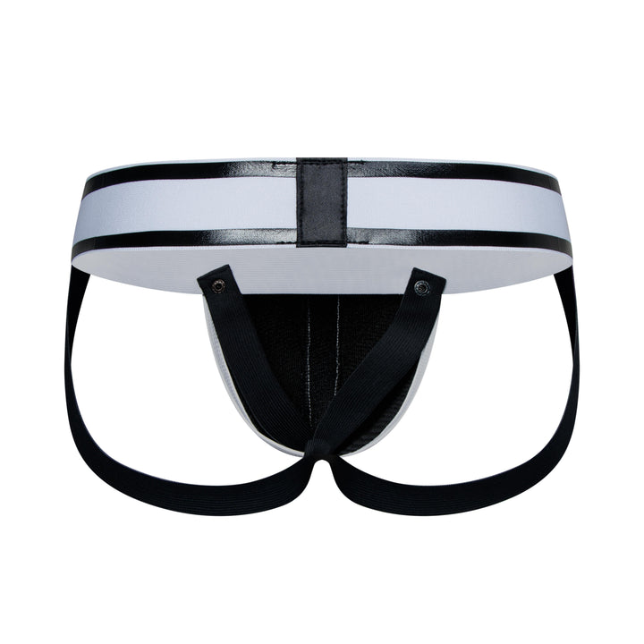 HisJock Armor Jock in white – men's faux leather snap codpiece jockstrap