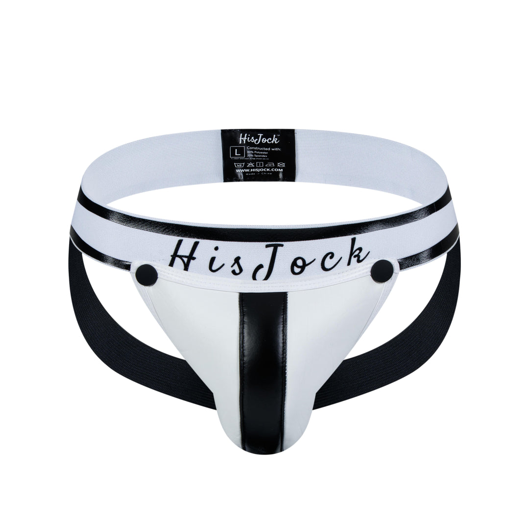 HisJock Armor Jock in white – men's faux leather snap codpiece jockstrap