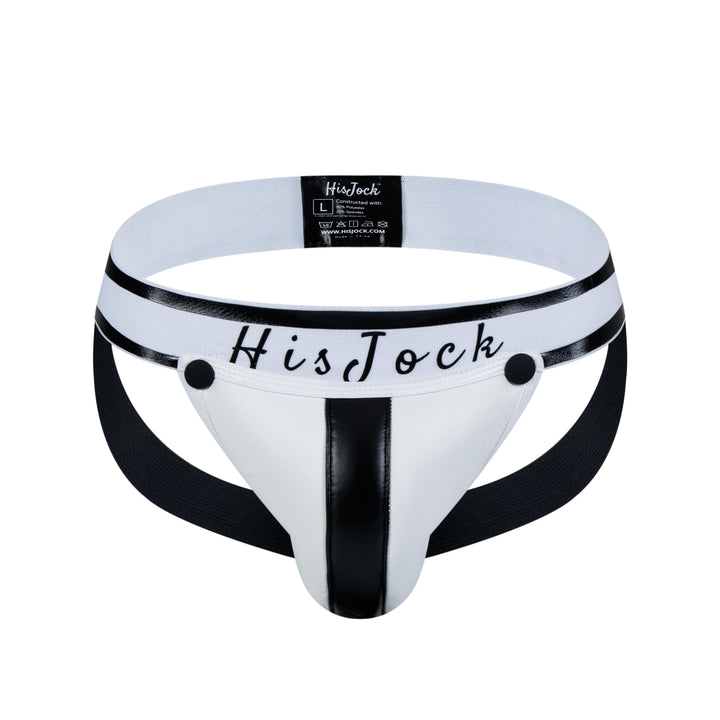 HisJock Armor Jock in white – men's faux leather snap codpiece jockstrap
