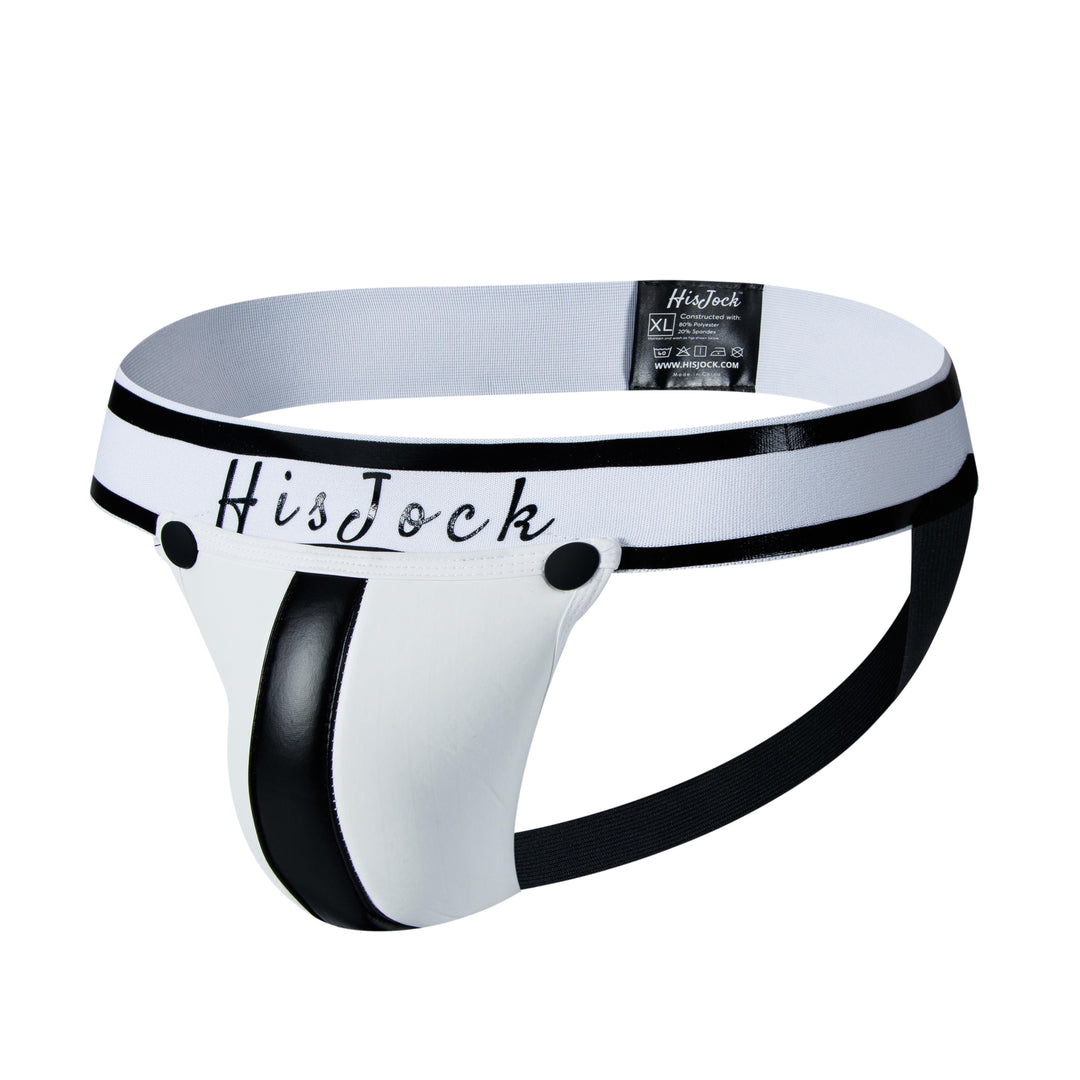 HisJock Armor Jock in white – men's faux leather snap codpiece jockstrap