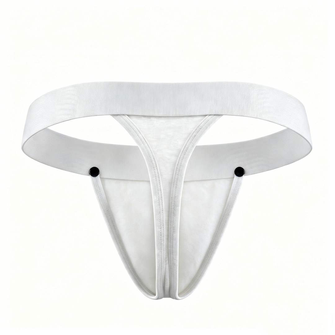 HisJock Snap Thong in white – men's snap-release thong with removable snap pouch