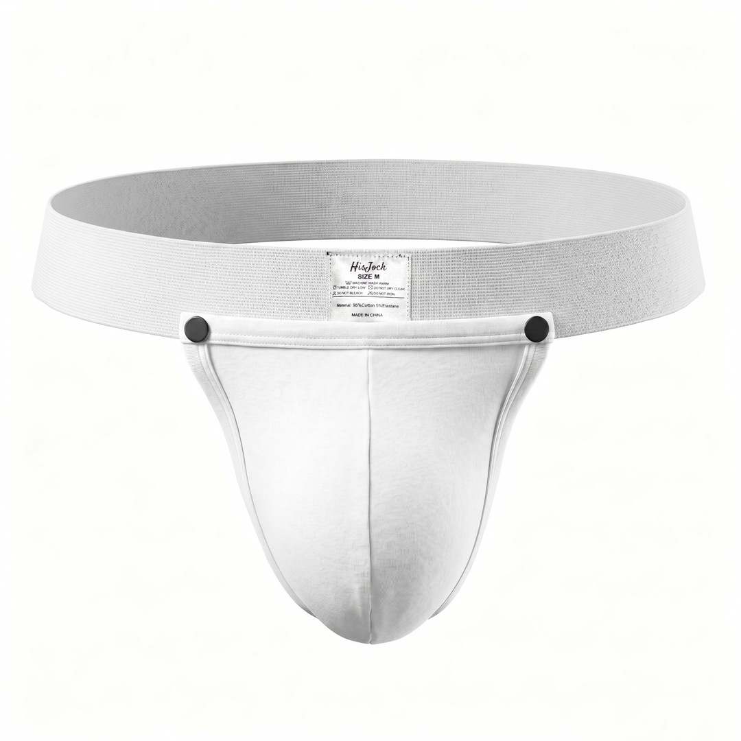 HisJock Snap Thong in white – men's snap-release thong with removable snap pouch