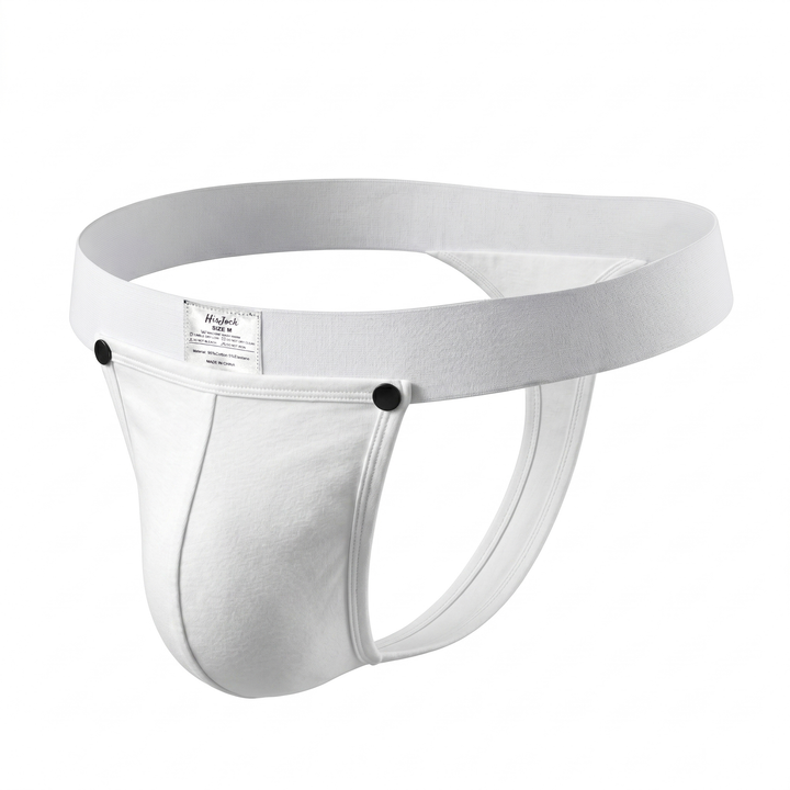 HisJock Snap Thong in white – men's snap-release thong with removable snap pouch