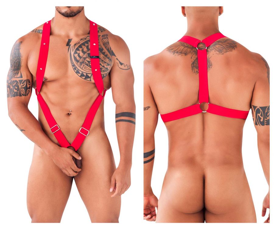 Xtremen men's red C-ring body harness – racer-back O-ring fetish harness