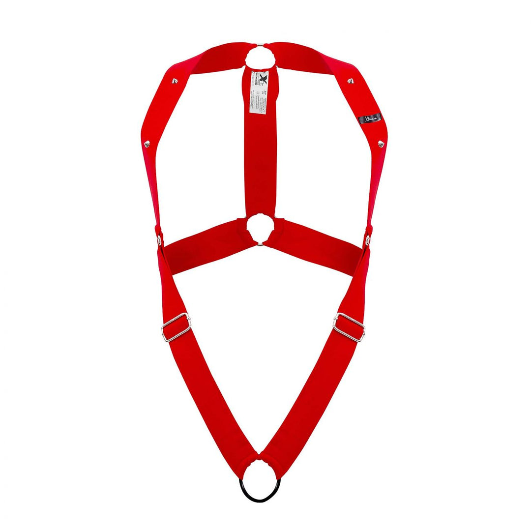 Xtremen men's red C-ring body harness – racer-back O-ring fetish harness