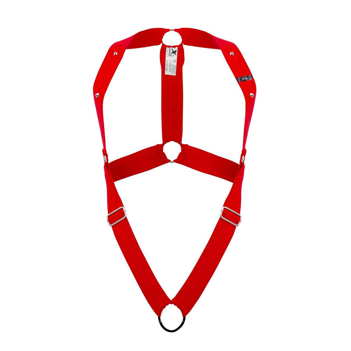 Xtremen men's red C-ring body harness – racer-back O-ring fetish harness