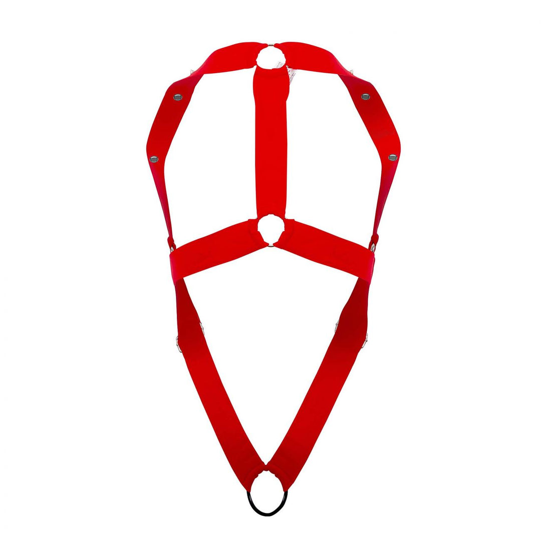 Xtremen men's red C-ring body harness – racer-back O-ring fetish harness