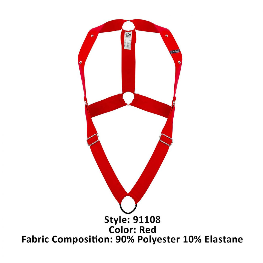 Xtremen men's red C-ring body harness – racer-back O-ring fetish harness