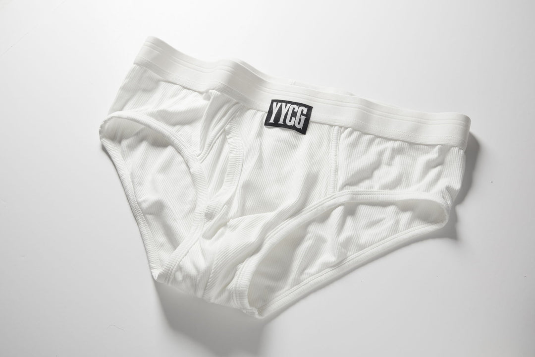 YYCG men's ribbed brief in white – soft rayon contour pouch underwear front view