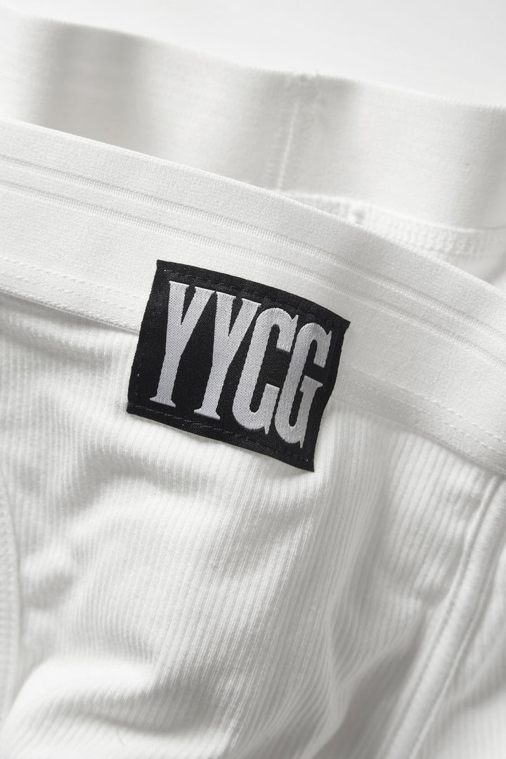 YYCG men's ribbed boxer brief in white – silky rayon stay-put performance underwear front view