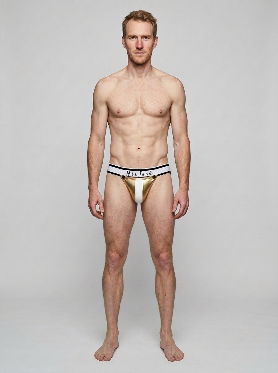 HisJock Armor Jock in gold – men's faux leather snap codpiece jockstrap