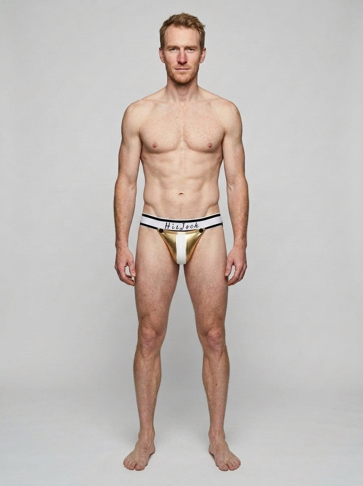 HisJock Armor Jock in gold – men's faux leather snap codpiece jockstrap