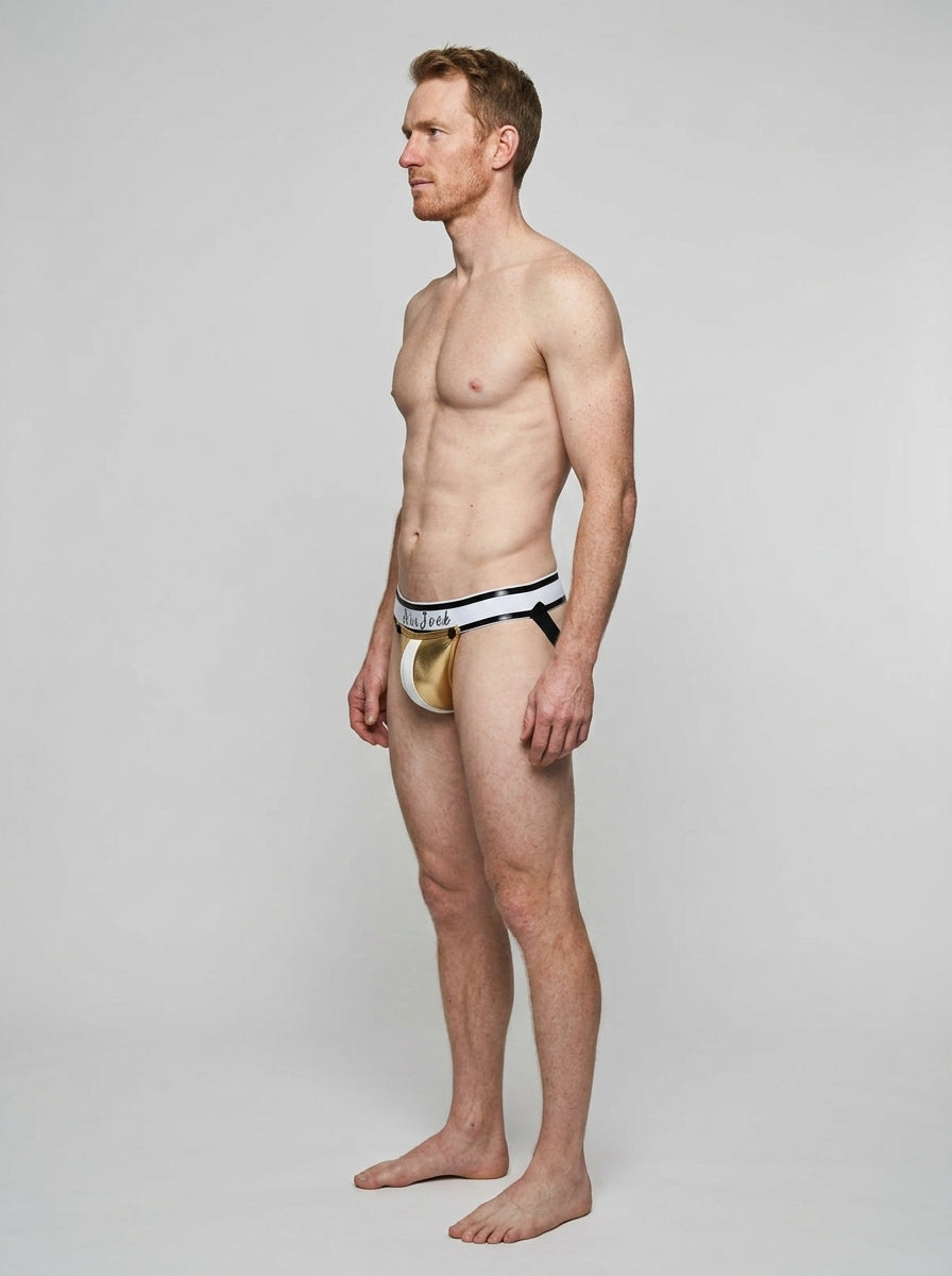 HisJock Armor Jock in gold – men's faux leather snap codpiece jockstrap