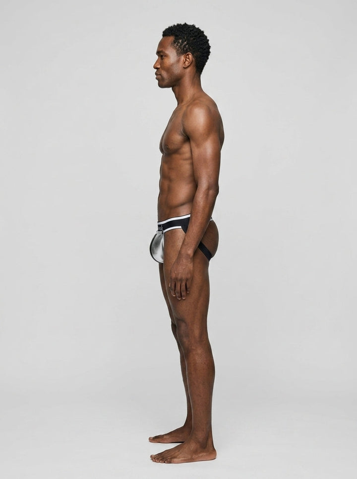HisJock Armor Jock in silver – men's faux leather snap codpiece jockstrap