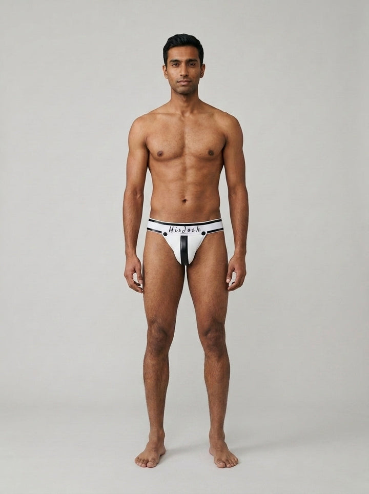 HisJock Armor Jock in white – men's faux leather snap codpiece jockstrap