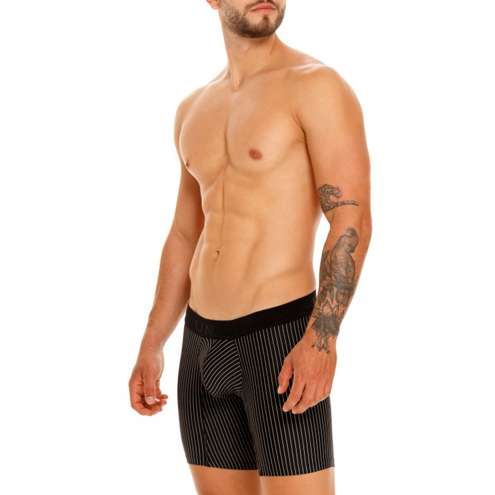 Mundo Unico Sombras Negro Mid-Length Boxer Briefs – Black Striped Men's Underwear with Ergonomic Support Pouch