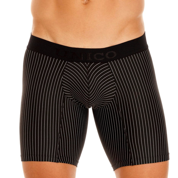 Mundo Unico Sombras Negro Mid-Length Boxer Briefs – Black Striped Men's Underwear with Ergonomic Support Pouch
