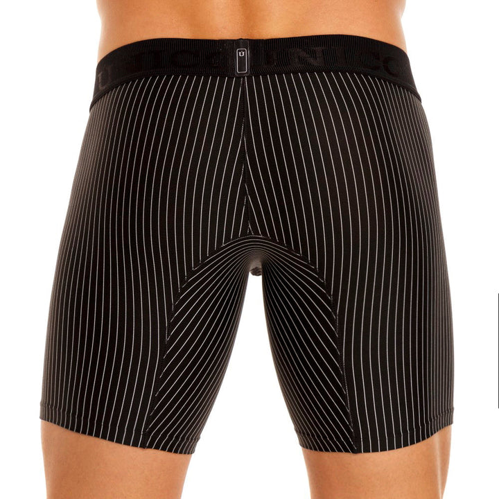 Mundo Unico Sombras Negro Mid-Length Boxer Briefs – Black Striped Men's Underwear with Ergonomic Support Pouch