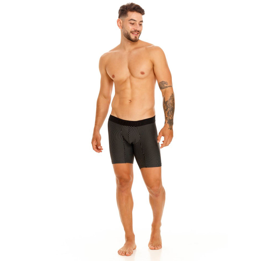 Mundo Unico Sombras Negro Mid-Length Boxer Briefs – Black Striped Men's Underwear with Ergonomic Support Pouch