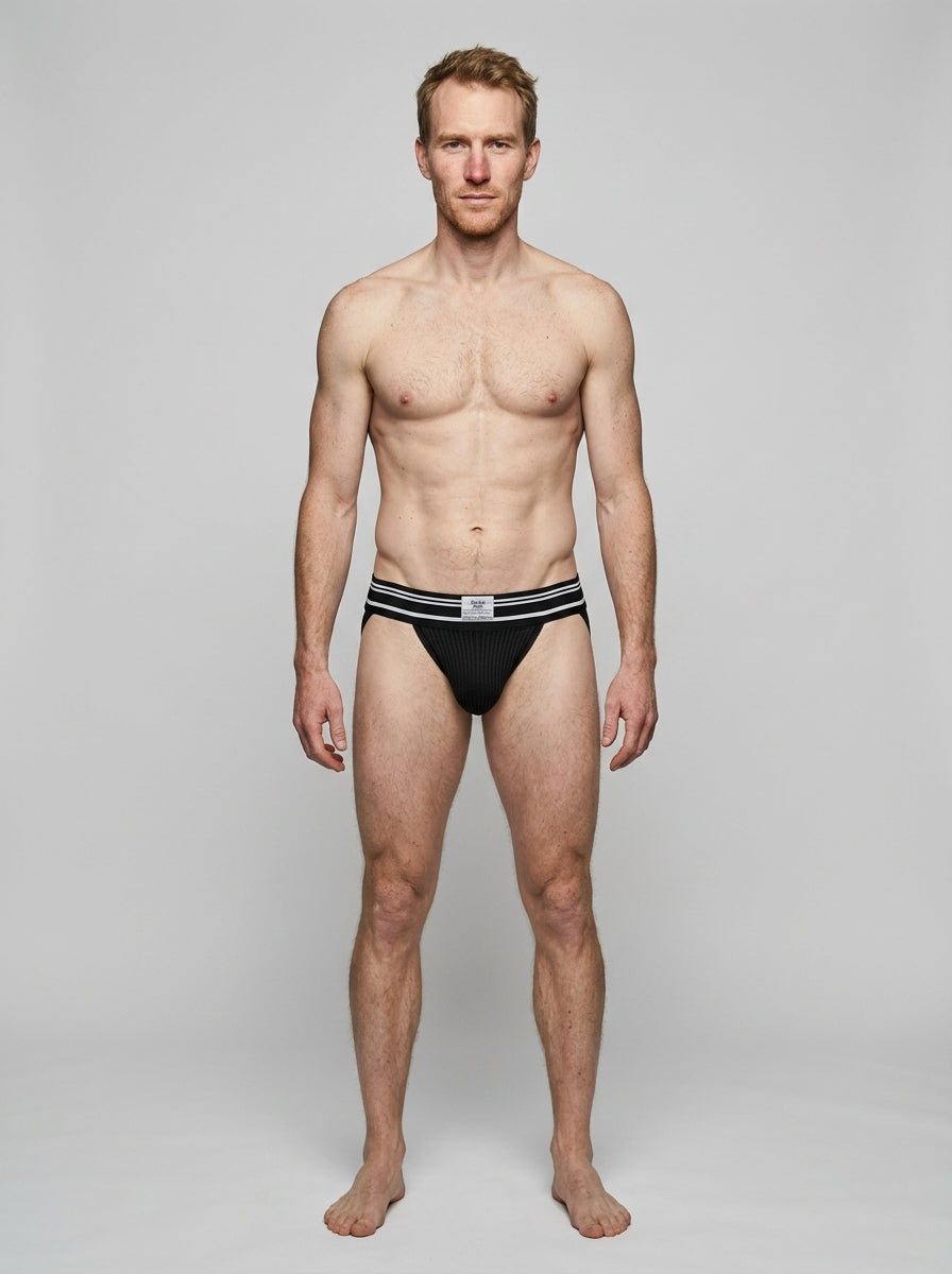 HisJock Core Jock in Bathhouse Black 2 inch waistband – men's classic athletic jockstrap