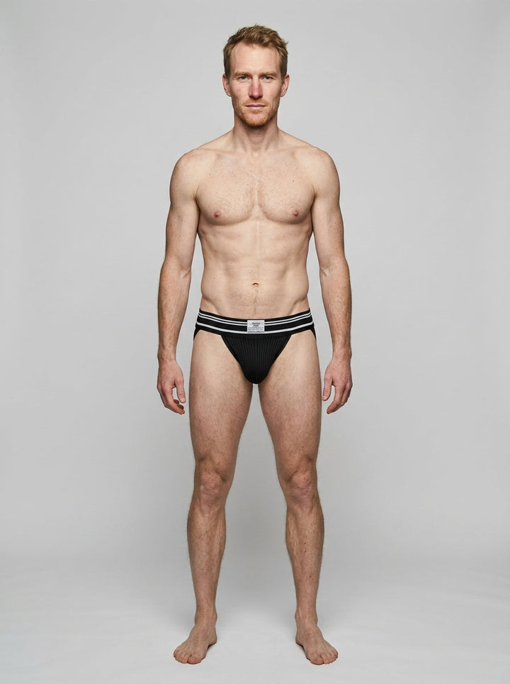 HisJock Core Jock in Bathhouse Black 2 inch waistband – men's classic athletic jockstrap