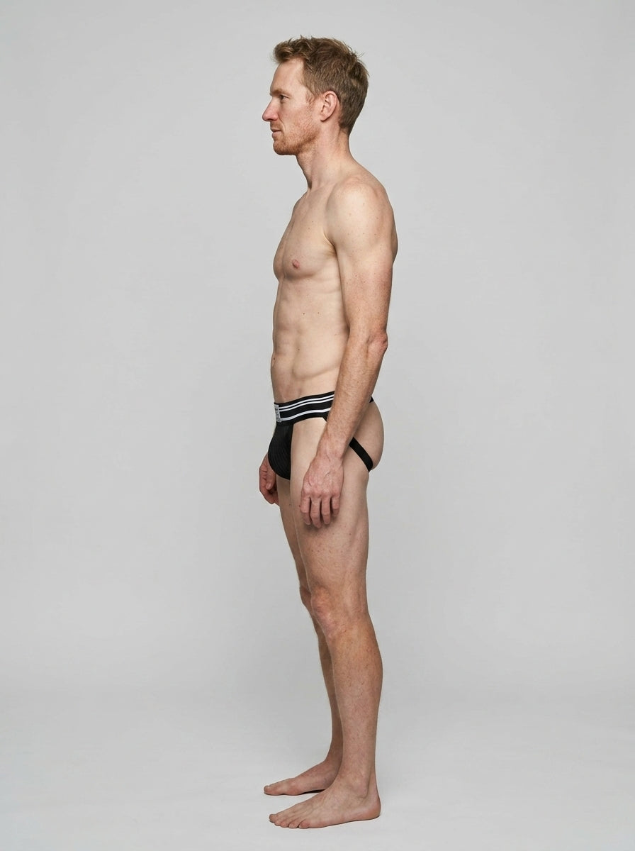 HisJock Core Jock in Bathhouse Black 2 inch waistband – men's classic athletic jockstrap
