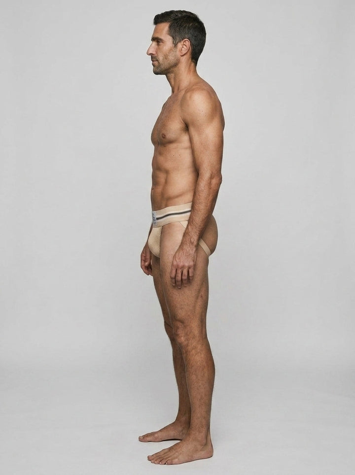 HisJock Core Jock in Fluorescent Beige 3 inch waistband – men's beige classic athletic jockstrap