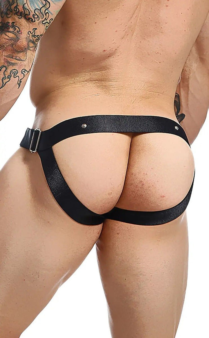 MaleBasics DNGEON C-Ring Jockstrap — Black Faux Leather O-Ring | Men's Fetish Underwear