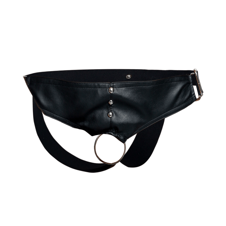 MaleBasics DNGEON C-Ring Jockstrap — Black Faux Leather O-Ring | Men's Fetish Underwear
