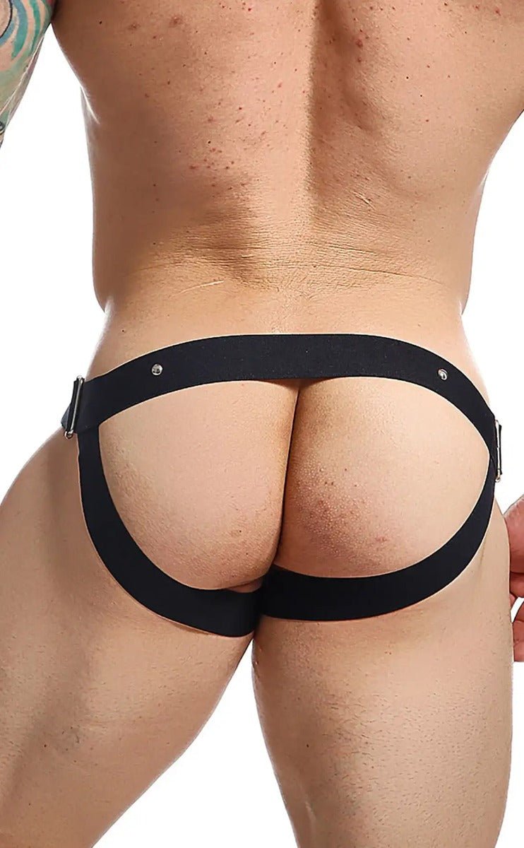 MaleBasics DNGEON C-Ring Jockstrap — Black Faux Leather O-Ring | Men's Fetish Underwear