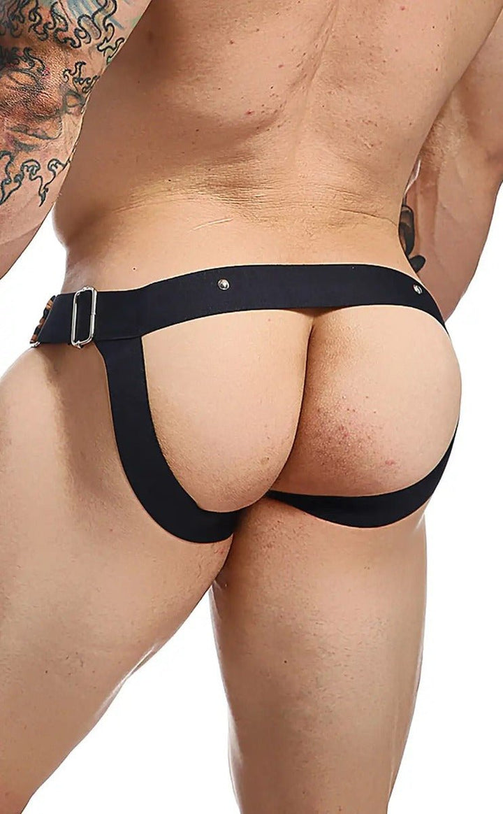 MaleBasics DNGEON C-Ring Jockstrap — Black Faux Leather O-Ring | Men's Fetish Underwear