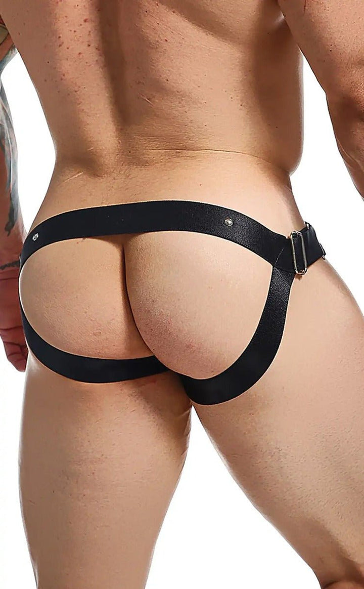 MaleBasics DNGEON C-Ring Jockstrap — Black Faux Leather O-Ring | Men's Fetish Underwear