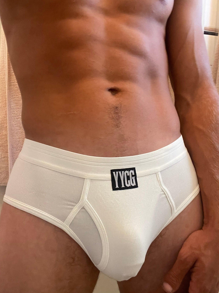 YYCG men's ribbed brief in black – premium textured rayon stretch underwear front view