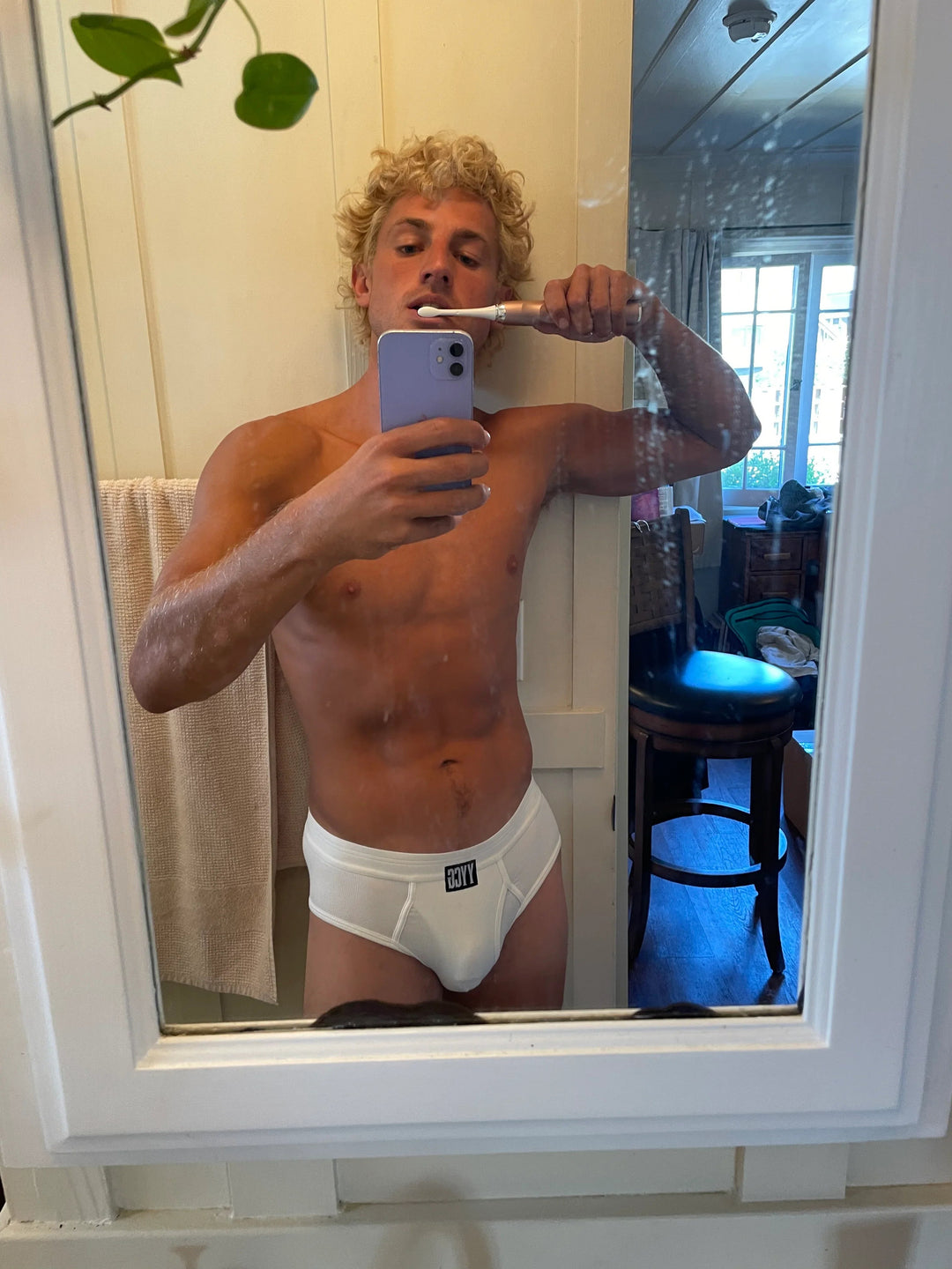 YYCG men's ribbed brief in white – soft rayon contour pouch underwear front view