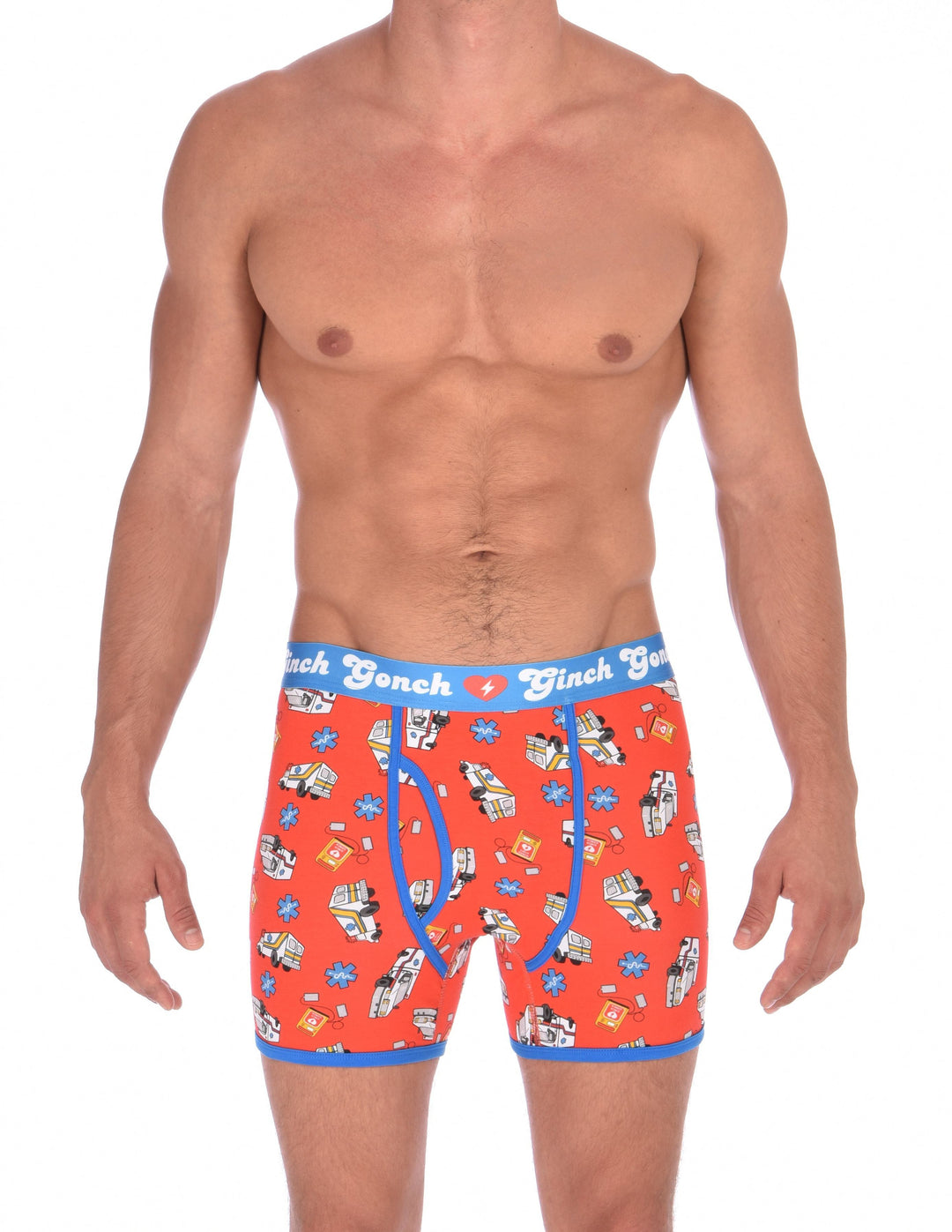 Ginch Gonch GG EMT Boxer Brief trunk ambulance print with medical symbol and equipment on red background with blue trim and printed waistband front