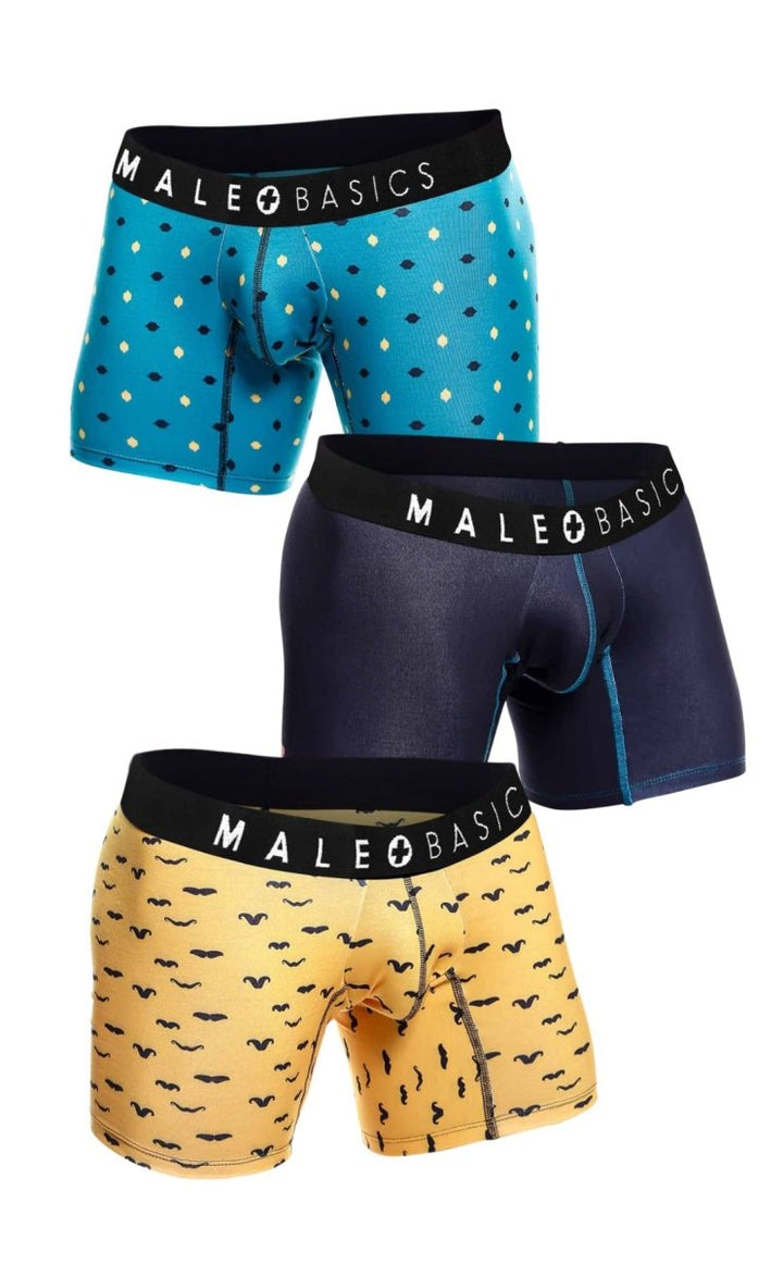 MaleBasics 3-Pack Boxer Briefs – Stache Print Stretch Viscose Underwear