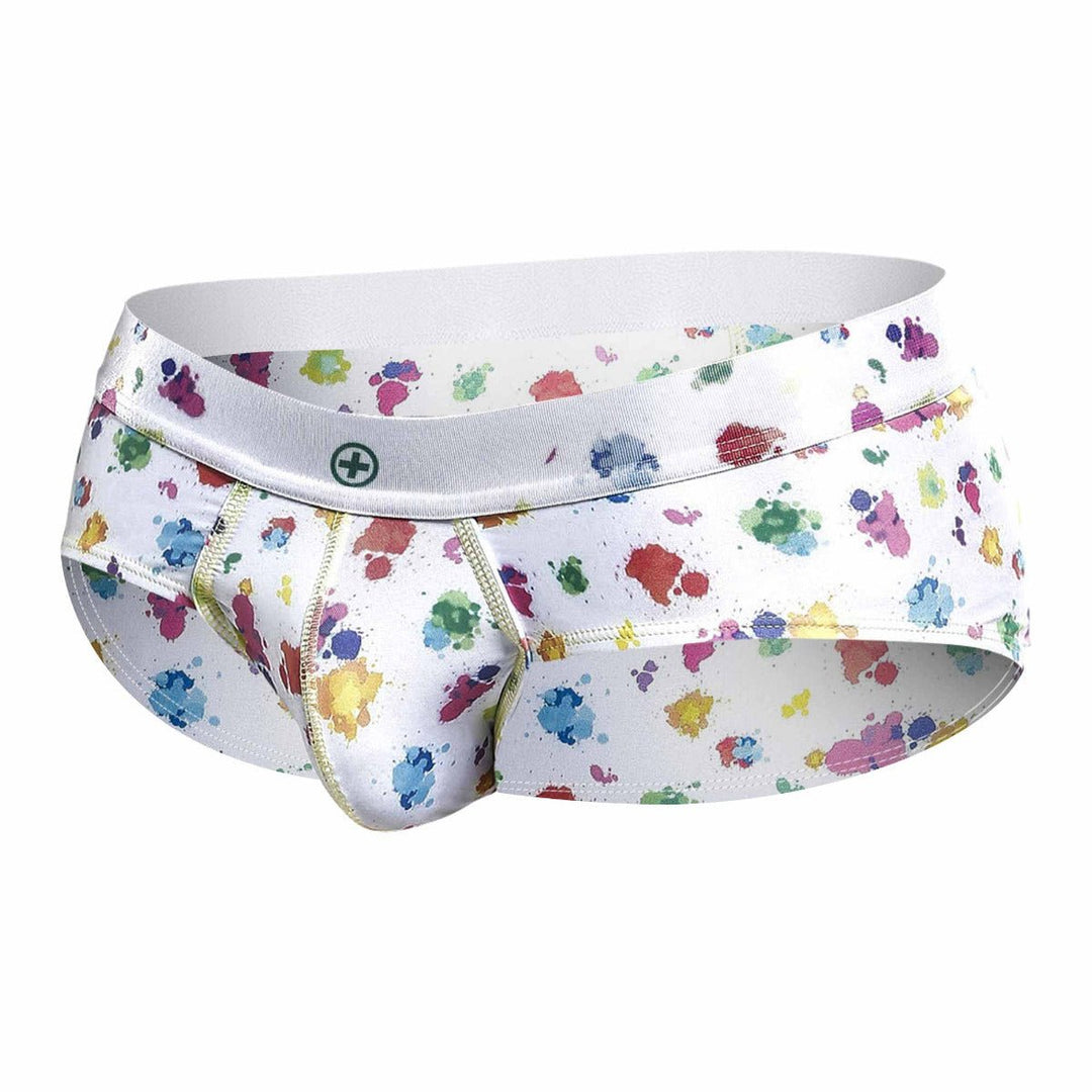 MaleBasics Men’s Hipster Briefs - White Splash Print Stretch Underwear
