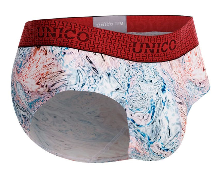 UNICO Rizo men's briefs in white – abstract print stretch underwear with red waistband