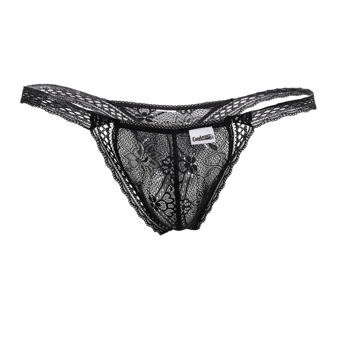 CandyMan men's black 99420 double lace thong – no-show stretch lace minimal underwear