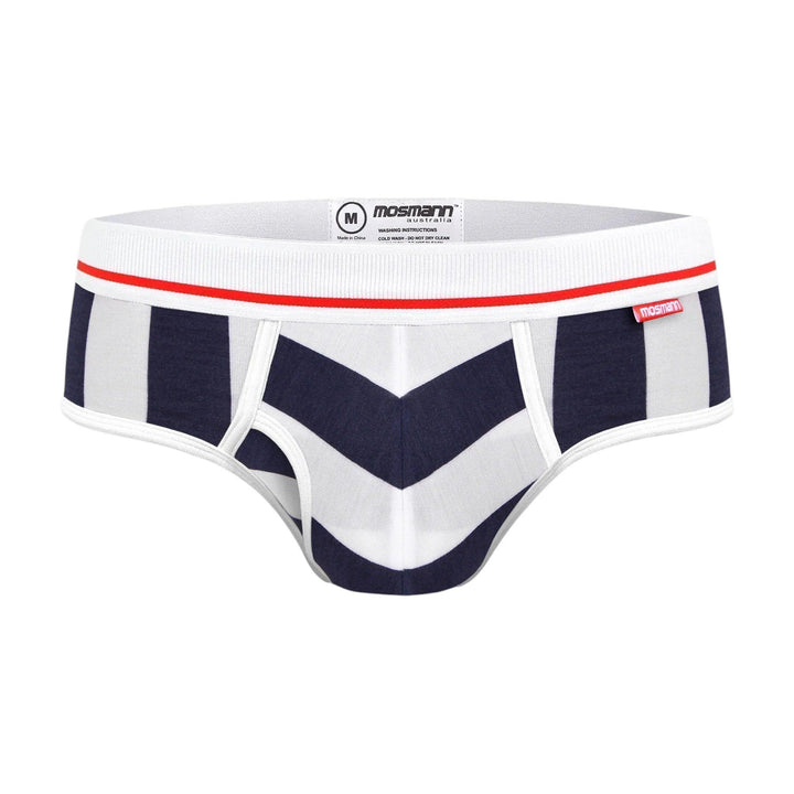 Mosmann Olympia bamboo briefs in navy chevron stripe, front view