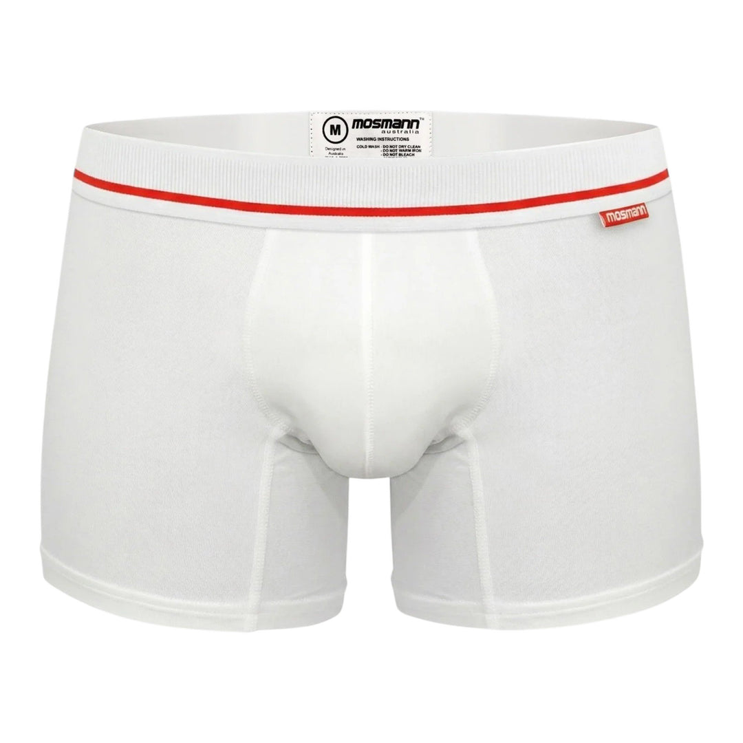Mosmann men's bamboo trunks in white, front view showing red-stripe waistband and contoured pouch