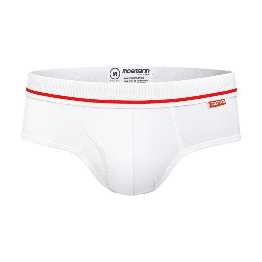 Mosmann Knights bamboo briefs in white with red pinstripe waistband
