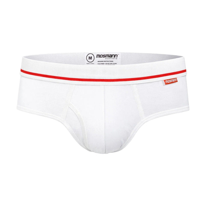 Mosmann Knights bamboo briefs in white with red pinstripe waistband
