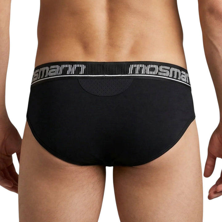 Back view of Mosmann Comfort Core briefs in Ulysses on model showing ventilation panel