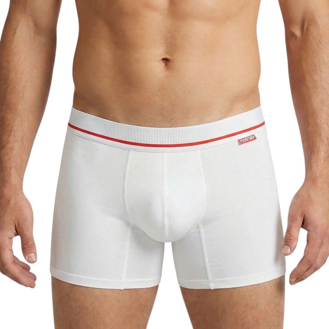Man wearing Mosmann bamboo trunks in white, front view showing waistband and no-ride-up fit